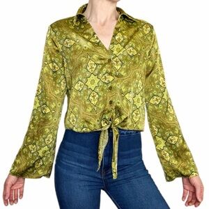 Rachel Zoe Blouse M Crop Front Tie Long Sleeve